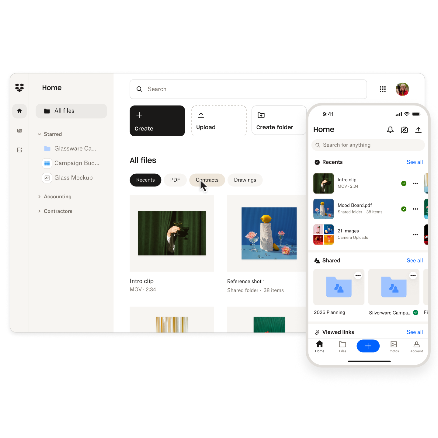 Dropbox desktop and mobile screen for file sync and share
